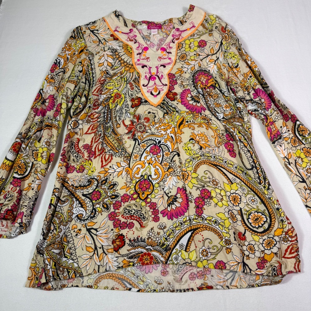 Pappagallo Tunic L Multicolor Paisley Floral Embroider Rayon Festival Indie Boho